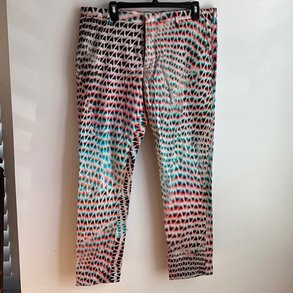 PAUL SMITH Size 34 Pink & Aqua Print Cotton Zip Fly Dress Pants - Picture 1 of 4